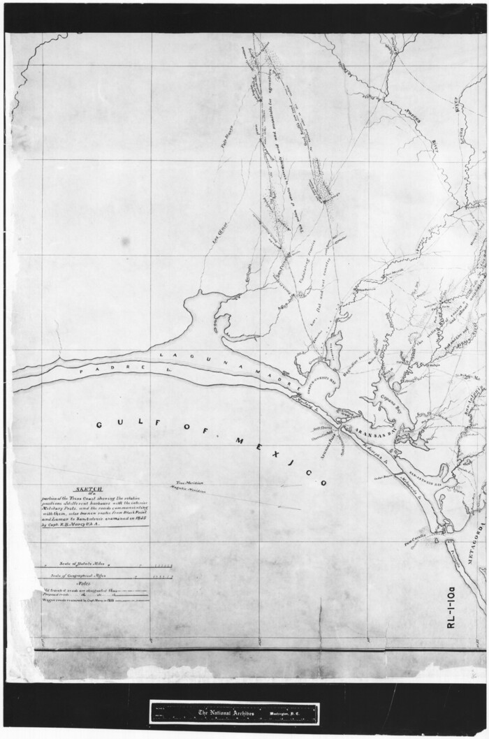 72708, Sketch of a portion of the Texas Coast showing the relative positions of different harbours with the interior Military Posts, and the roads communicating with them, also two new routes from Black Point and Lamar to San Antonio, General Map Collection
