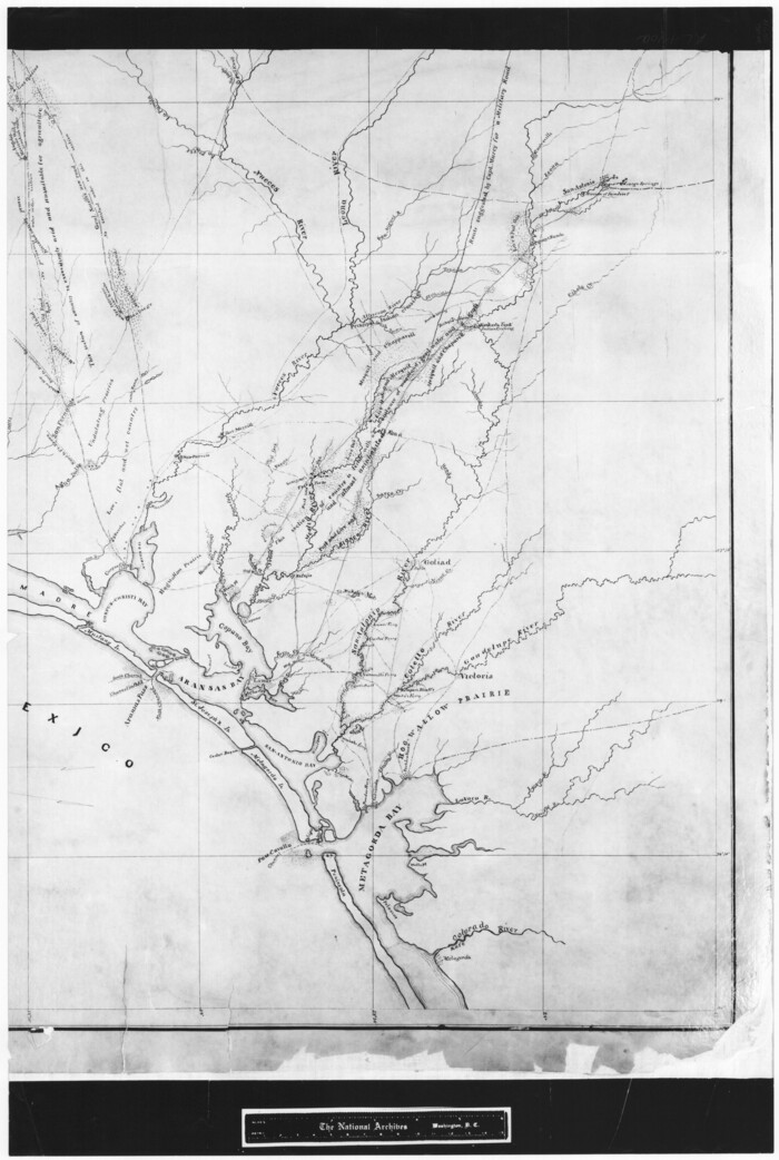 72711, Sketch of a portion of the Texas Coast showing the relative positions of different harbours with the interior Military Posts, and the roads communicating with them, also two new routes from Black Point and Lamar to San Antonio, General Map Collection
