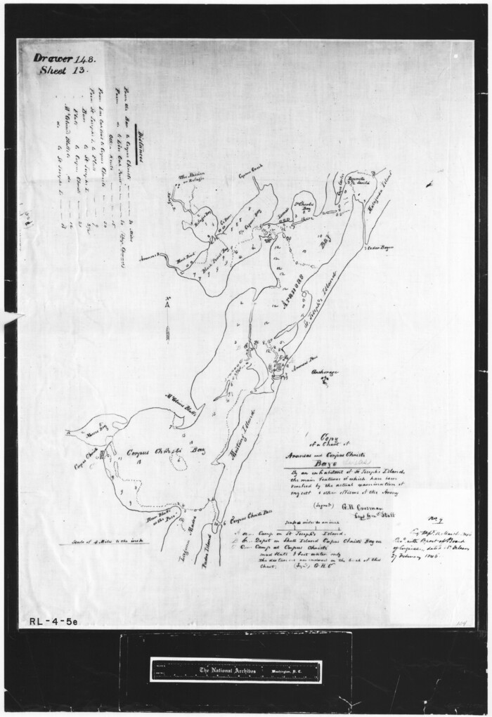 72972, Copy of a chart of Aransas and Corpus Christi Bays by an inhabitant of St. Joseph's Island, the main features of which have been verified by the actual examination of myself & other officers of the Army, General Map Collection