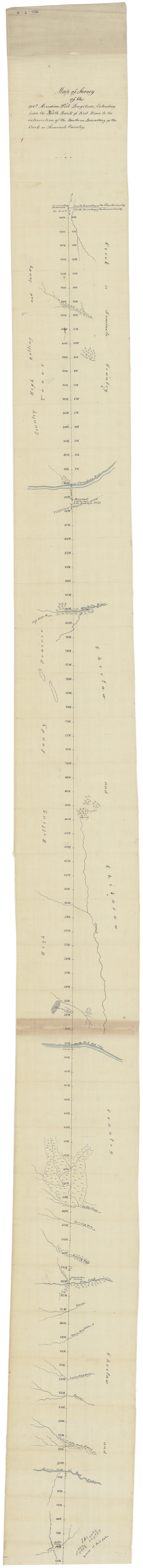 73565, Map of survey of the 100th Meridian west longitude, extending from the north bank of Red River to the intersection of the Northern Boundary of the Creek or Seminole Country, General Map Collection
