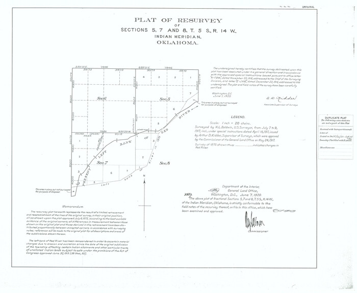75140, Plat of Resurvey of Sections 5, 7 and 8, T. 5S., R. 14W. Indian Meridian, Oklahoma, General Map Collection