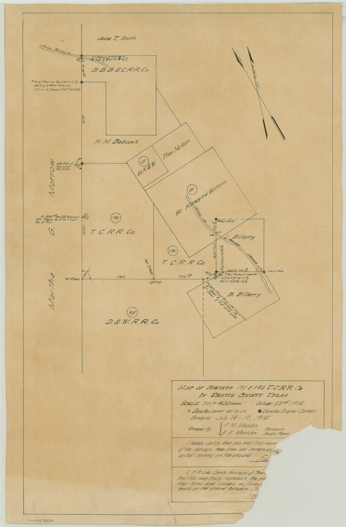 75554, Map of surveys 191 & 192 T. C. R.R. Co. in Travis County, Texas, Maddox Collection