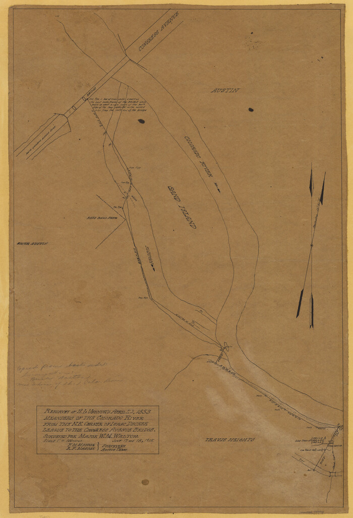 75773, Resurvey of H.L. Upshur's April 23, 1853 meanders of the Colorado River from the NE corner of Isaac Decker league to the Congress Avenue Bridge, Maddox Collection