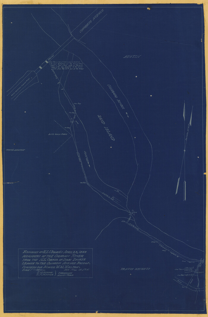 75774, Resurvey of H.L. Upshur's April 23, 1853 meanders of the Colorado River from the NE corner of Isaac Decker league to the Congress Avenue Bridge, Maddox Collection