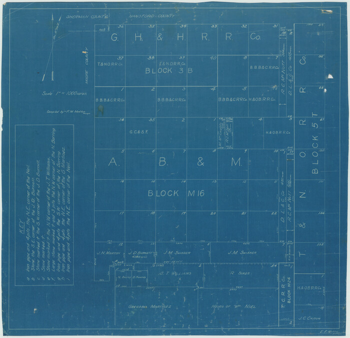 75813, [Sketch Showing G. H. & H. R.R. Co. Block 3B and A. B. & M. Block M16, Hutchinson County, Texas], Maddox Collection