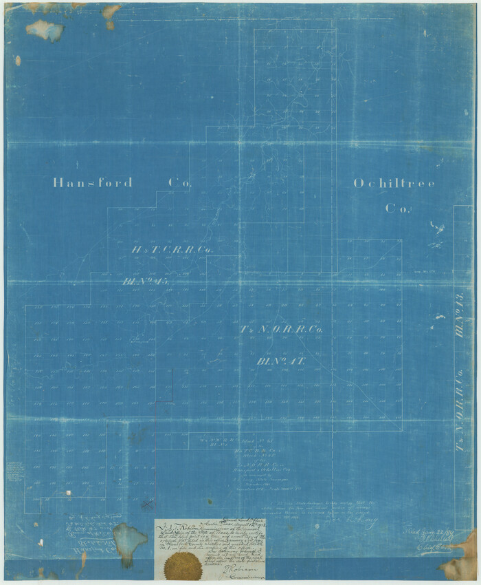 75820, Block No. 45 of the H. & T. C. R.R. Co. and Block No. 4T of the T. & N. O. R.R. Co. in Hansford and Ochiltree Cos. as resurveyed by J.L. Long, State Surveyor, Maddox Collection