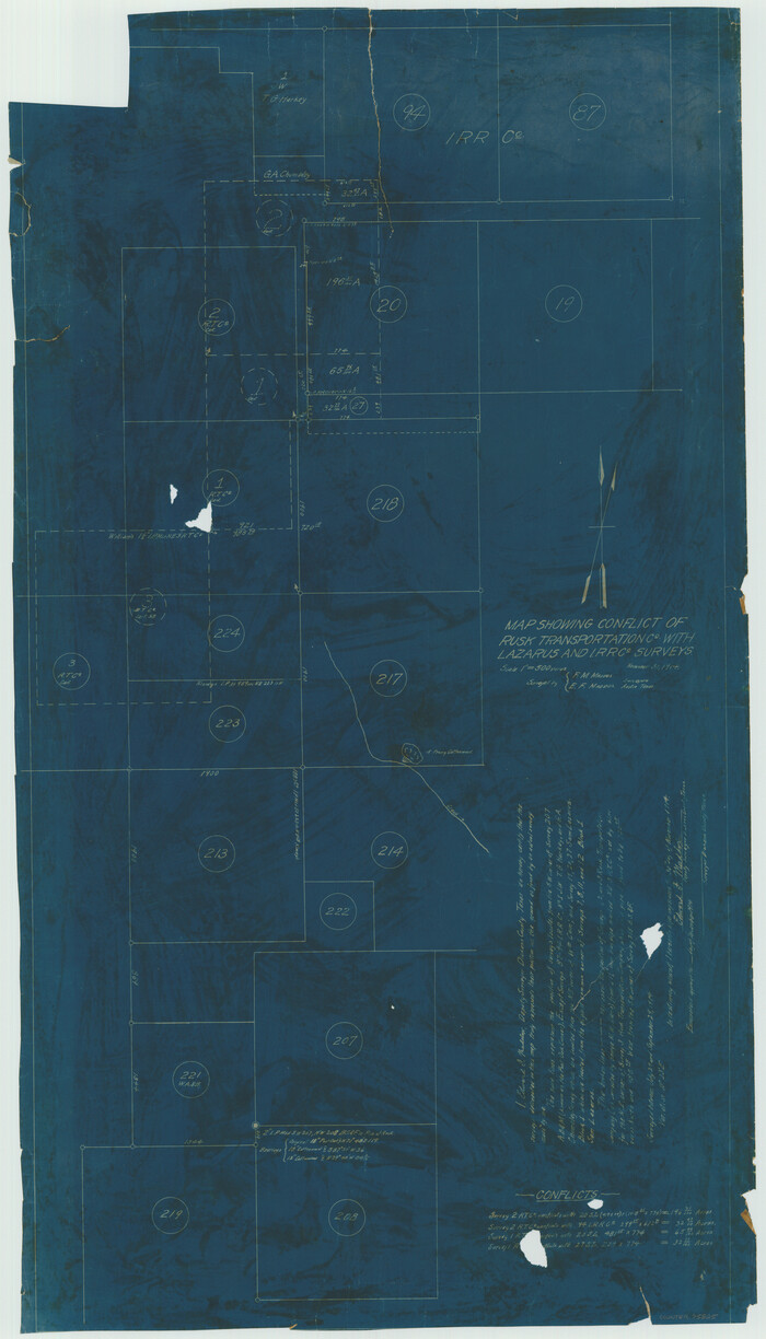 75825, Map showing conflict of Rusk Transportation Co. with Lazarus and I. R.R. Co. Surveys, Maddox Collection