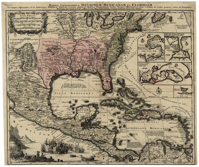 76196, Mappa Geographica Regionem Mexicanam et Floridam, Terrasque adjacentes, ut et Anteriores Americae Insulas, Curfus itidem et Reditus Navigantuim verfus flumen Missisipi et alias Colonias ob oculos ponens, cura et fumptibus, Texas State Library and Archives