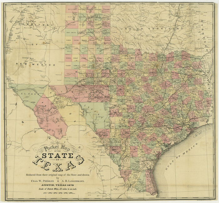 76208, Pocket Map of the State of Texas reduced from their original map of the State and drawn by Chas. W. Pressler and A. B. Langermann, Texas State Library and Archives