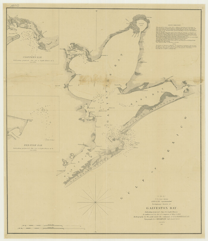 76215, Preliminary Sketch of Galveston Bay Indicating Proposed Sites for Light Houses, Texas State Library and Archives