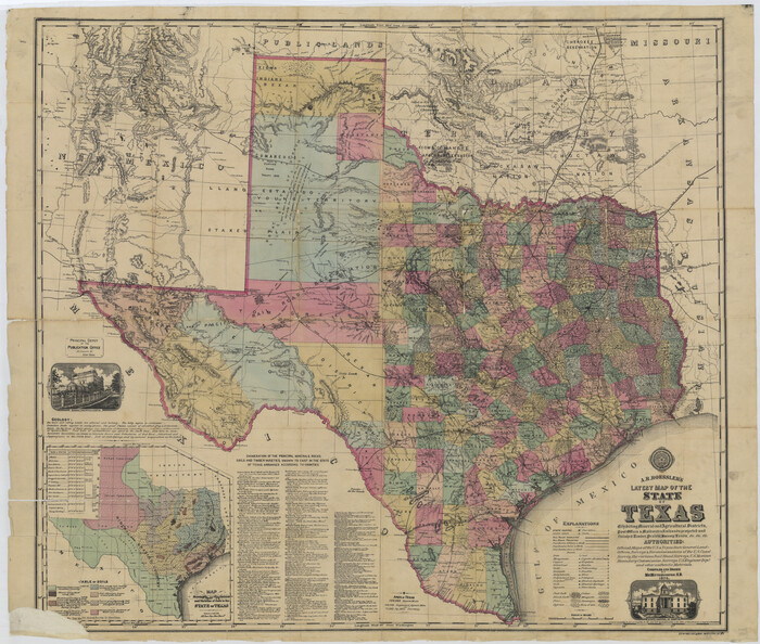 76254, A. R. Roessler's Latest Map of the State of Texas Exhibiting Mineral and Agricultural Districts, Post Offices and Mailroutes, Railroads projected and finished, Timber, Prairie, Swamp Lands, etc. etc. etc., Texas State Library and Archives