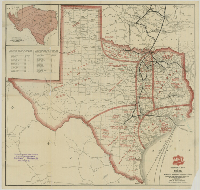 76265, Sectional Map of Texas Traversed by the Missouri, Kansas, and Texas Railway Showing the crops adapted to each section, with the elevation and annual rainfall., Texas State Library and Archives