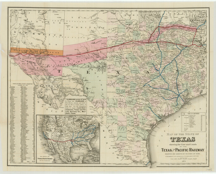 76317, Map of the State of Texas showing the Line and Lands of the Texas and Pacific Railway Reserved and Donated by the State of Texas, Texas State Library and Archives