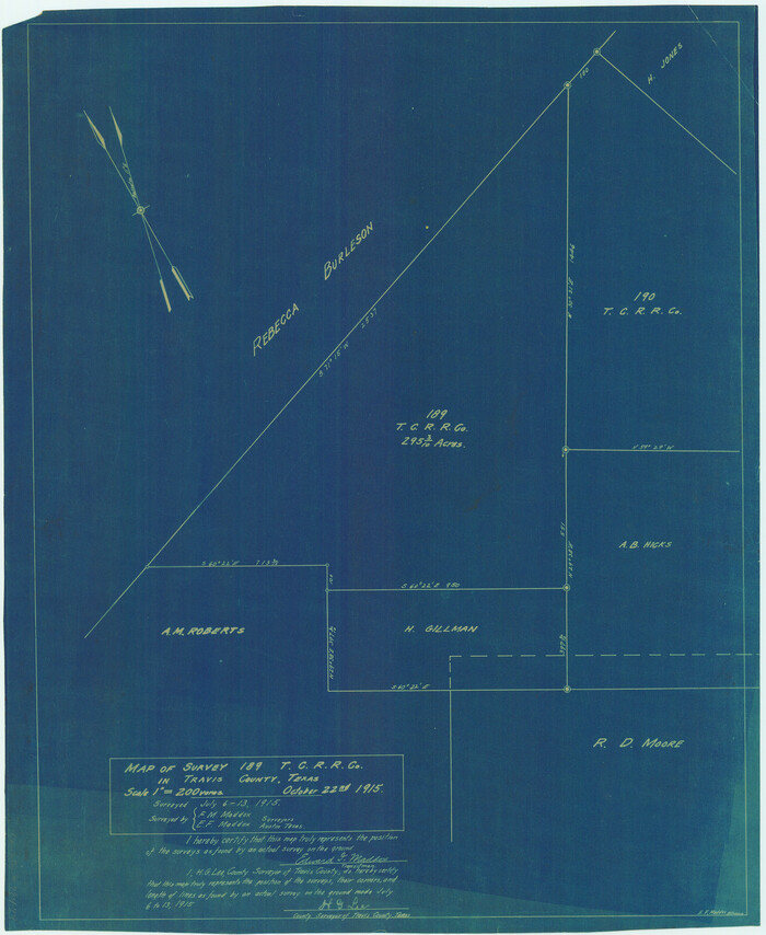 78479, Map of survey 189, T. C. R.R. Co. in Travis County, Texas, Maddox Collection