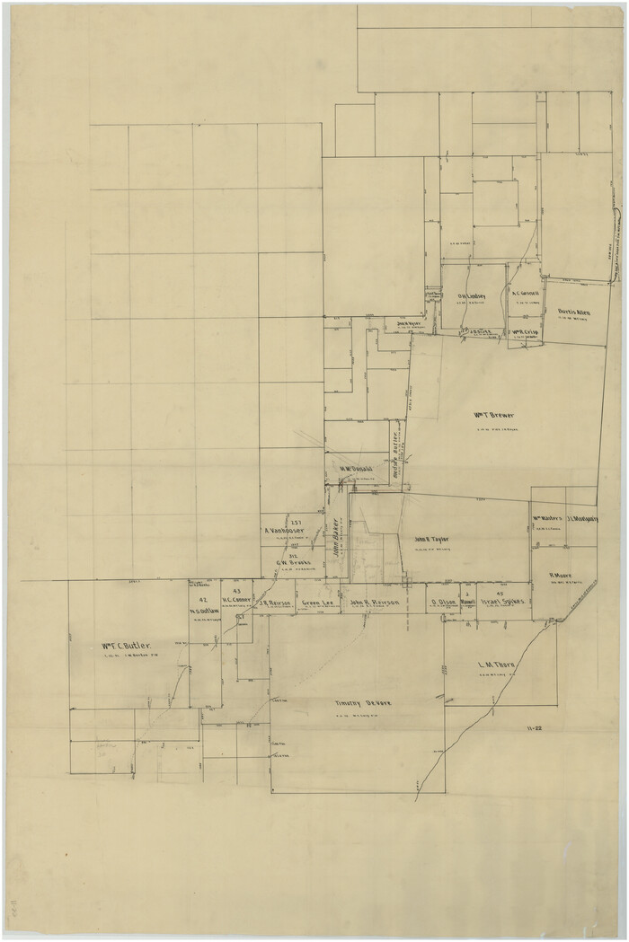 89745, [Sketch Showing Wm. T. Brewer, John R. Taylor, Wm. F. Butler, Timothy DeVore, L. M. Thorn and adjoining surveys], Twichell Survey Records