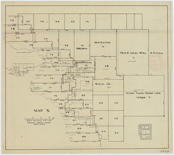 89752, Map B [showing surveys along river and in vicinity of Archer County School Land League 3], Twichell Survey Records