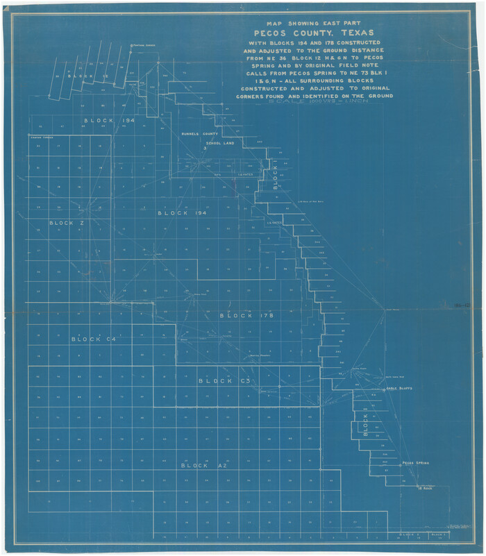 89838, Map Showing East Part Pecos County, Texas with Blocks 194 and 178 Constructed and Adjusted to the Ground Distance from NE 36 Block 12 H&GN to Pecos Spring and by Original Field Note Calls from Pecos Spring to NE 75 Blk. 1 I&GN, Twichell Survey Records