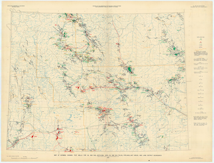 89886, Map of Wyoming Showing Test Wells for Oil and Gas, Anticlinal Axes, Oil and Gas Fields, Pipeline, Unit Areas and Land District Boundaries, Twichell Survey Records