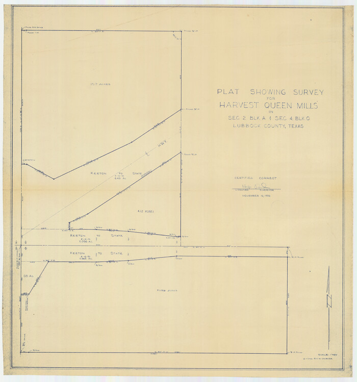 89893, Plat Showing Survey for Harvest Queen Mills in Sec. 2 Blk. A & Sec. 4 Blk. O Lubbock County, Texas, Twichell Survey Records