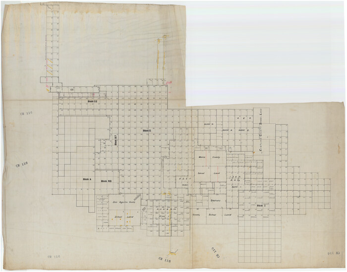 89918, [Sketch showing San Augustine, Morris, Stephens and Eastland School Land Leagues and adjacent Blocks], Twichell Survey Records