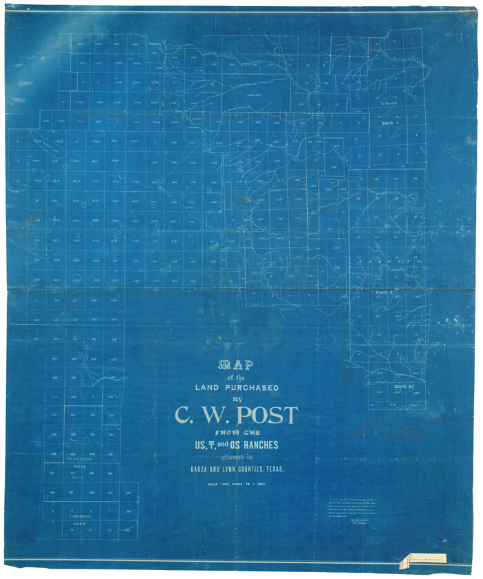 89948, Map of the Land Purchased by C.W. Post from the US, T, and OS Ranches situated in Garza and Lynn Counties, Texas, Twichell Survey Records