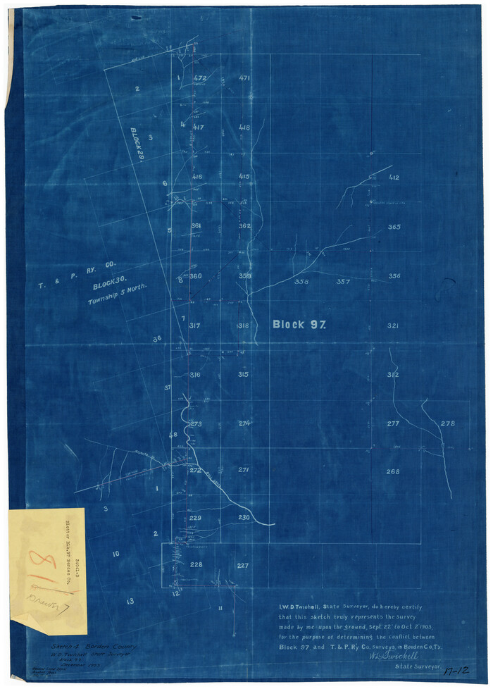 90139, [Sketch to determine conflict between H. & T. C. Blk. 97 and T. & P. Ry. Co. Blk. 30], Twichell Survey Records