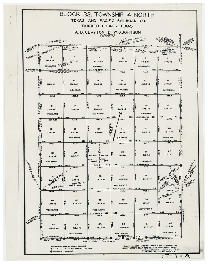 90141, Block 32, Township 4 North, Texas and Pacific Railroad Co., Borden County, Texas, Twichell Survey Records