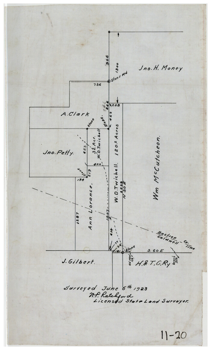 90144, [Sketch showing vicinity of Wm. McCutcheon League near the Bastrop-Caldwell County Line], Twichell Survey Records