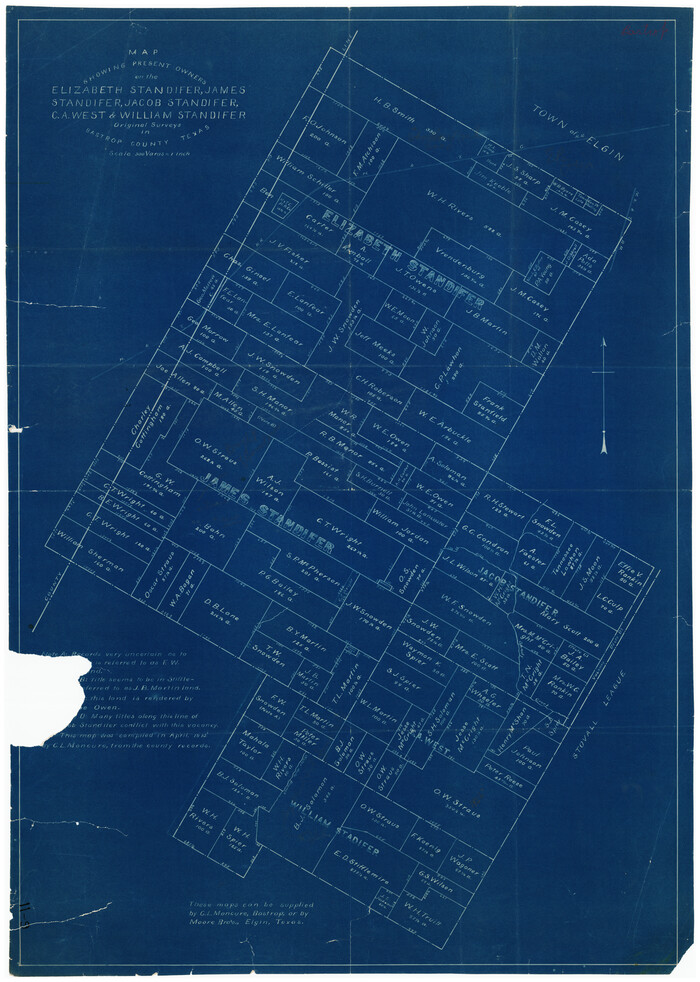 90152, Map Showing Present Owners on the Elizabeth Standifer, James Standifer, Jacob Standifer, C. A. West and William Standifer Original Surveys in Bastrop County, Texas, Twichell Survey Records