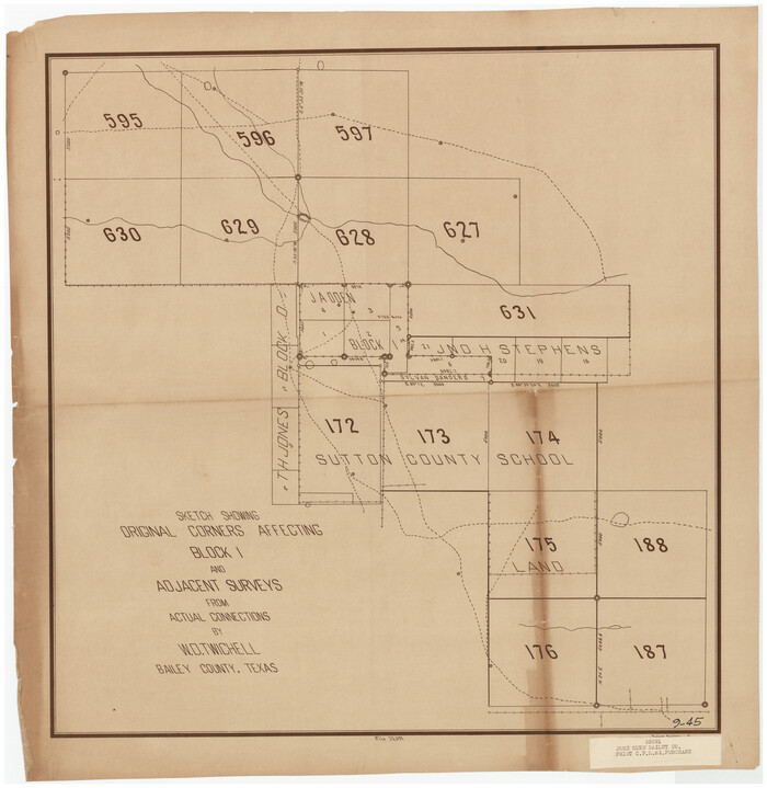 90156, Sketch Showing Original Corners Affecting Block I and Adjacent Surveys from Actual Connections by W. D. Twichell, Twichell Survey Records