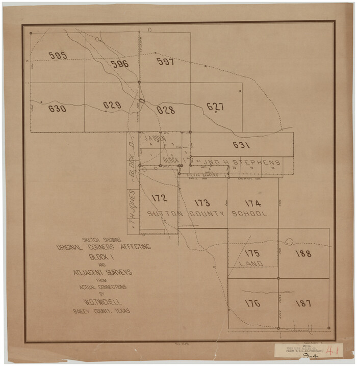 90162, Sketch Showing Original Corners Affecting Block I and Adjacent Surveys from Actual Connections by W. D. Twichell, Twichell Survey Records