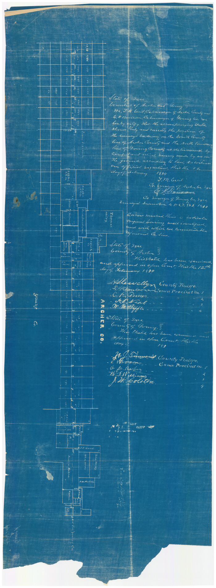 90174, [Sketch showing positions of surveys bordering on South boundary line of Archer County and North boundary line of Young County, Twichell Survey Records