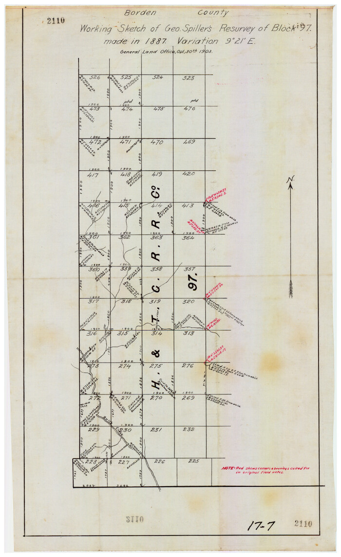 90211, Borden County Working Sketch of Geo. Spiller's Resurvey of Block 97 made in 1887, Twichell Survey Records
