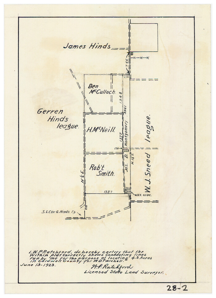 90220, [Plat showing connecting lines for the purpose of locating 4.3 acres in Caldwell County], Twichell Survey Records