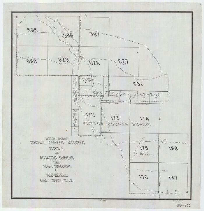 90281, Sketch Showing Original Corners Affecting Block I and Adjacent Surveys from Actual Connections by W. D. Twichell, Twichell Survey Records