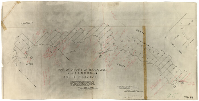 90320, Map of a part of Block One, I. & G. N. RR. Co. and the Pecos River, Twichell Survey Records