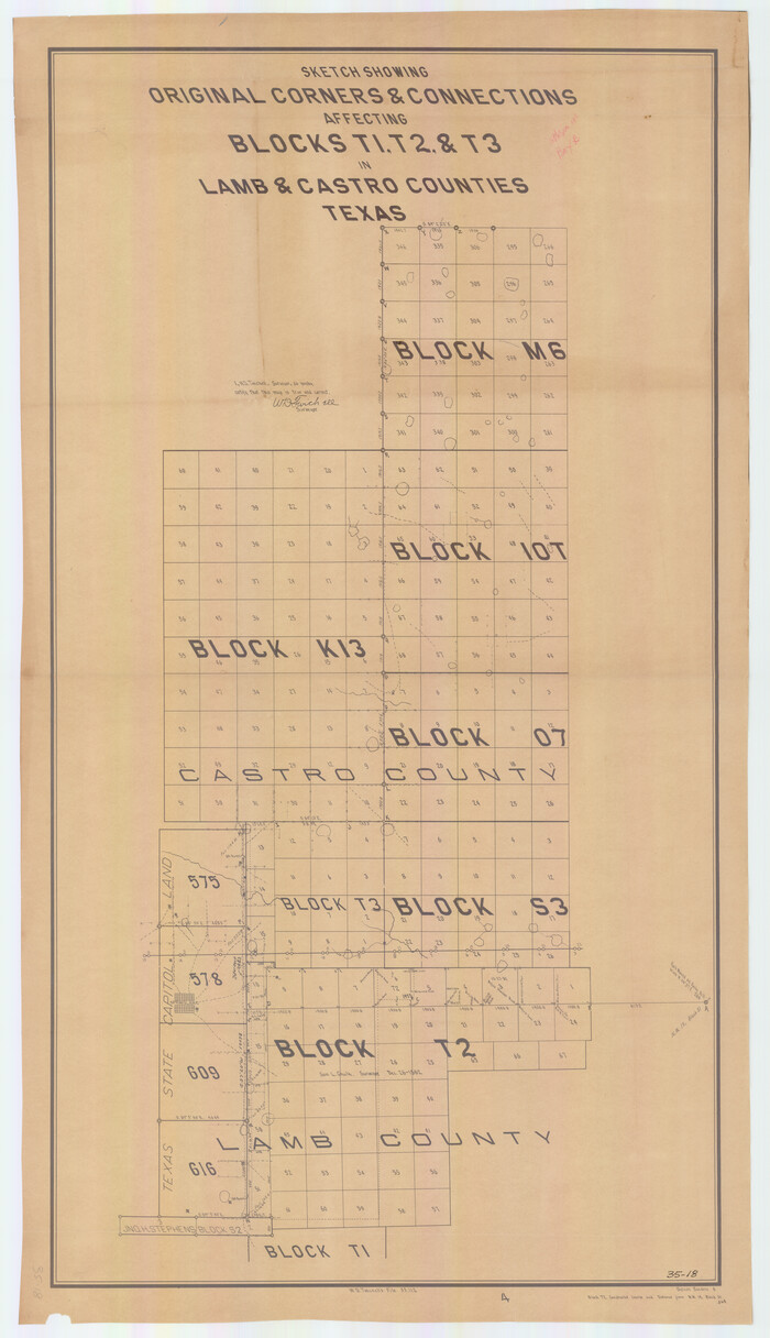 90405, Sketch Showing Original Corners and Connections Affecting Blocks T1, T2, and T3 in Lamb & Castro Counties, Twichell Survey Records