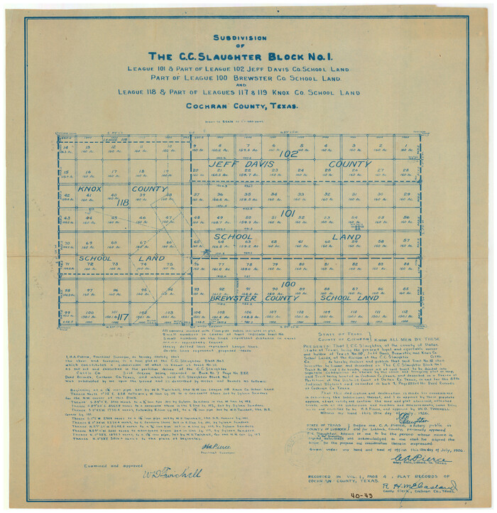 90459, Subdivision of the C. C. Slaughter Block No. 1, League 101 & part of League 102, Jeff Davis Co. School Land…, Twichell Survey Records