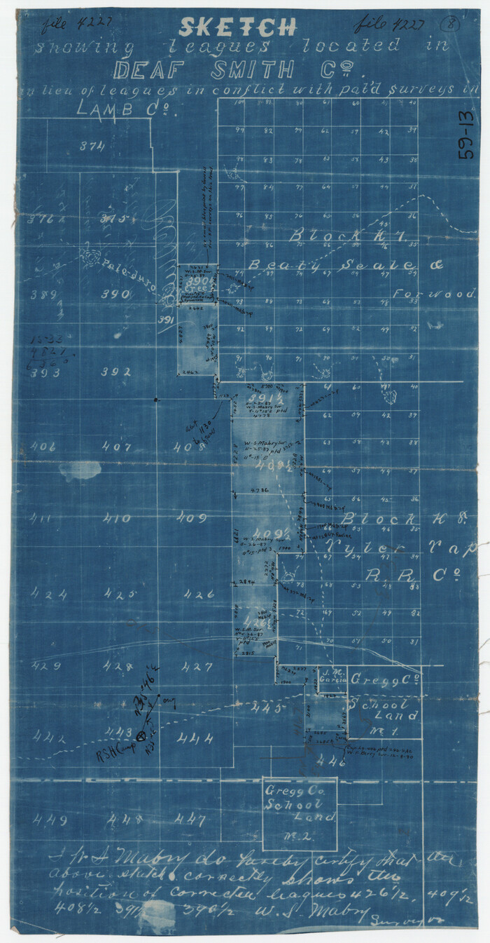 90529, Sketch Showing Leagues Located in Deaf Smith Co. in lieu of Leagues in conflict with paid surveys, Twichell Survey Records