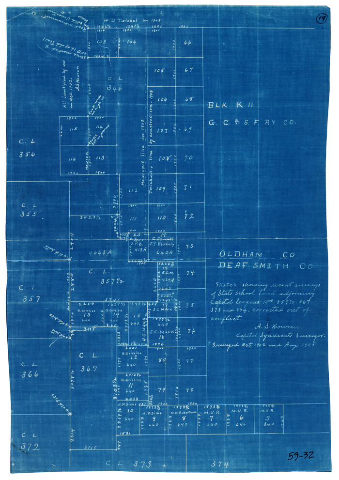 90533, Sketch showing recent surveys of State School Land adjoining Capitol Leagues No. 357 1/2, 367, 373 and 374 corrected out of conflict, Twichell Survey Records