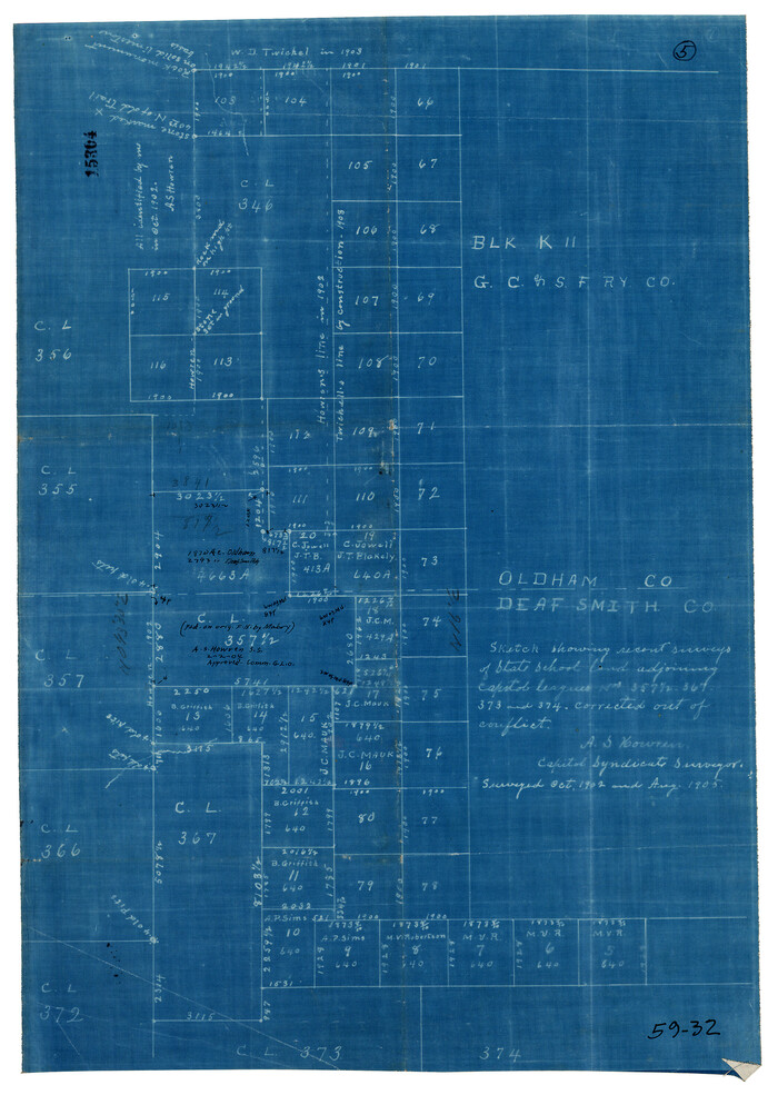 90535, Sketch showing recent surveys of State School Land adjoining Capitol Leagues No. 357 1/2, 367, 373 and 374 corrected out of conflict, Twichell Survey Records