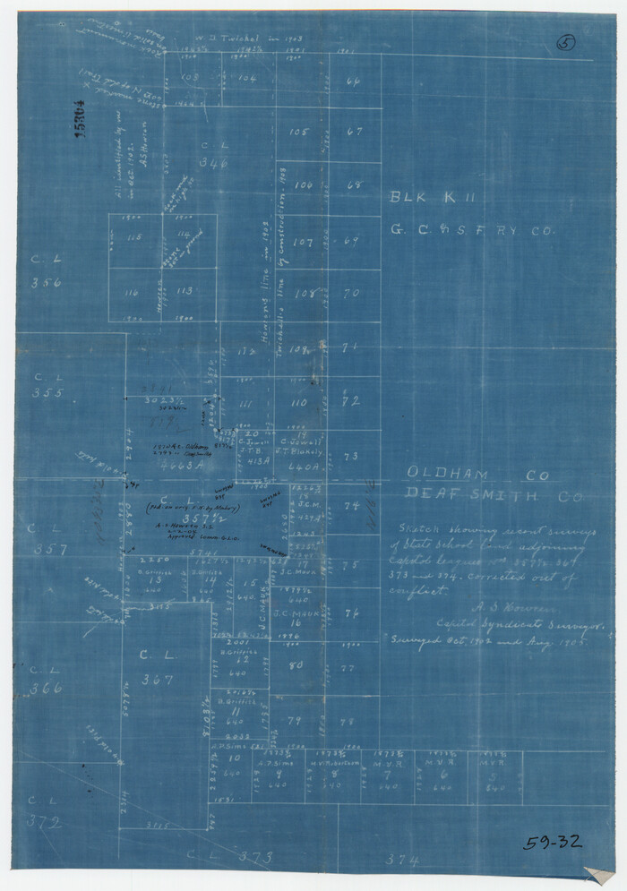 90535, Sketch showing recent surveys of State School Land adjoining Capitol Leagues No. 357 1/2, 367, 373 and 374 corrected out of conflict, Twichell Survey Records