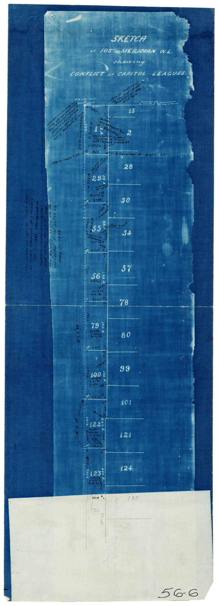 90578, Sketch of 103rd Meridian, W. L. showing Conflict of Capitol Leagues, Twichell Survey Records