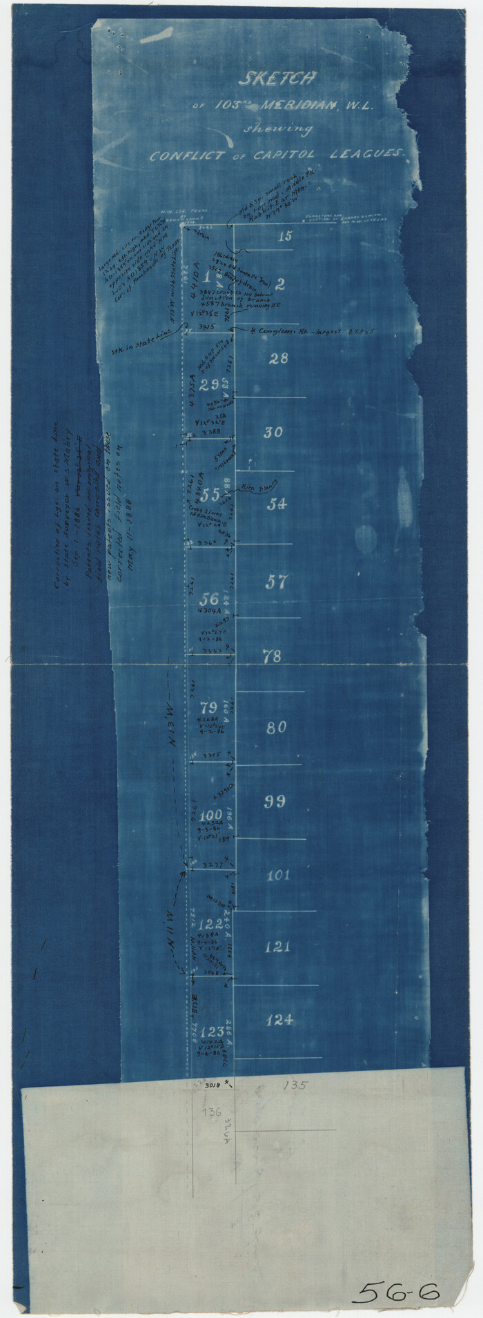 90578, Sketch of 103rd Meridian, W. L. showing Conflict of Capitol Leagues, Twichell Survey Records
