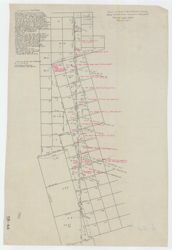 90628, Part of west line of Dawson County rough sketch from surveyor's blueprint, Twichell Survey Records