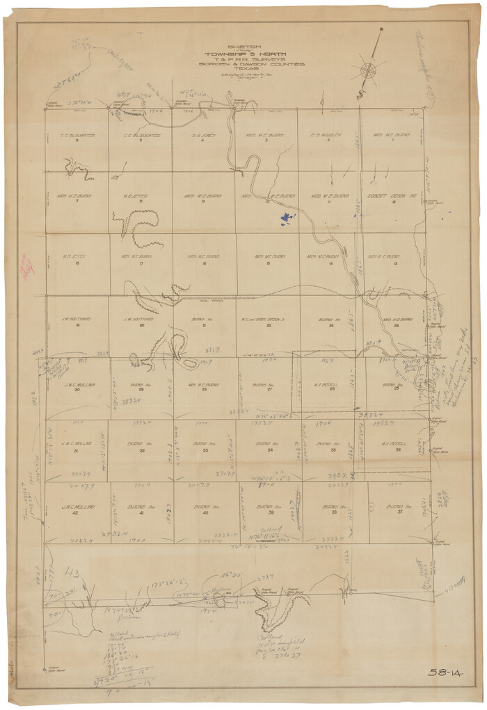 90636, Sketch Showing Township 5 North, T. & P. RR. Surveys, Borden and Dawson Counties, Texas, Twichell Survey Records