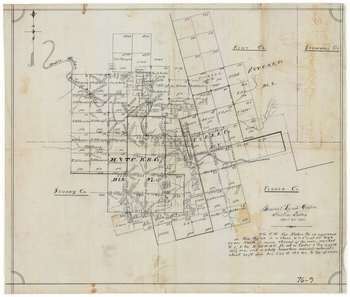 90917, [Sketch showing Northwest corner of Fisher County, Northeast corner of Scurry County and South part of Kent County], Twichell Survey Records