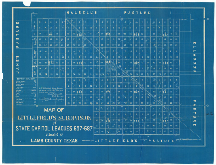 91025, Map of Littlefield's Subdivision of State Capitol Leagues 657- 687, Twichell Survey Records