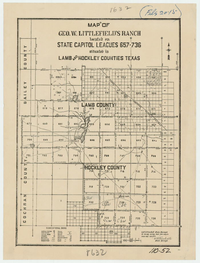 91121, Map of George W. Littlefield's Ranch Located on State Capitol Leagues 657- 736 Situated in Lamb and Hockley Counties, Twichell Survey Records