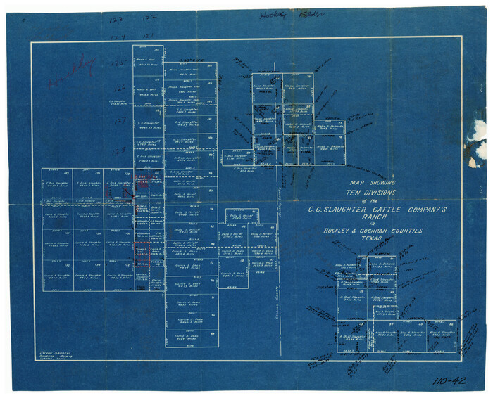 91126, Map Showing Ten Divisions of the C. C. Slaughter Cattle Company's Ranch in Hockley and Cochran Counties, Texas, Twichell Survey Records